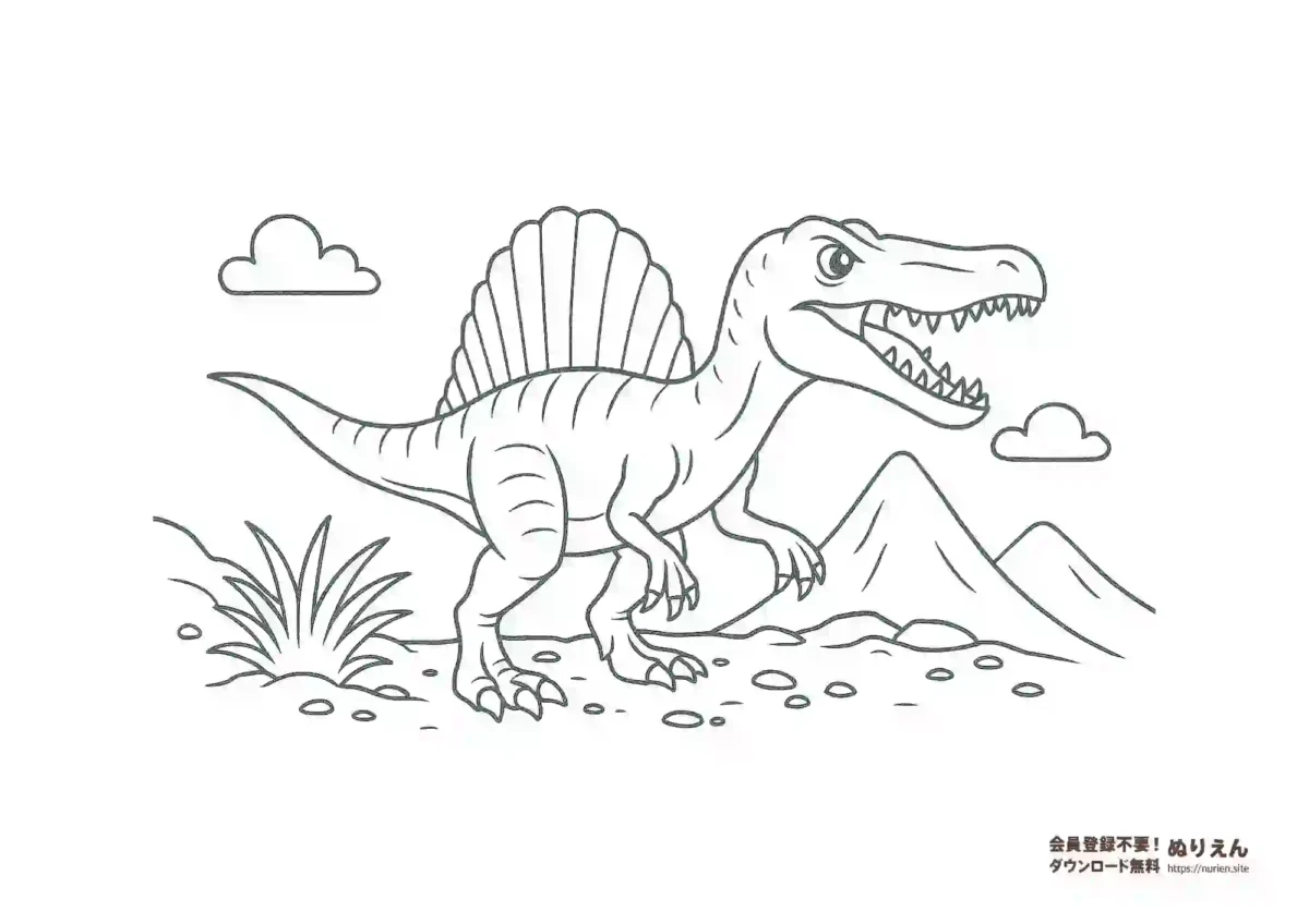 スピノサウルスのぬりえ｜背びれが特徴の恐竜