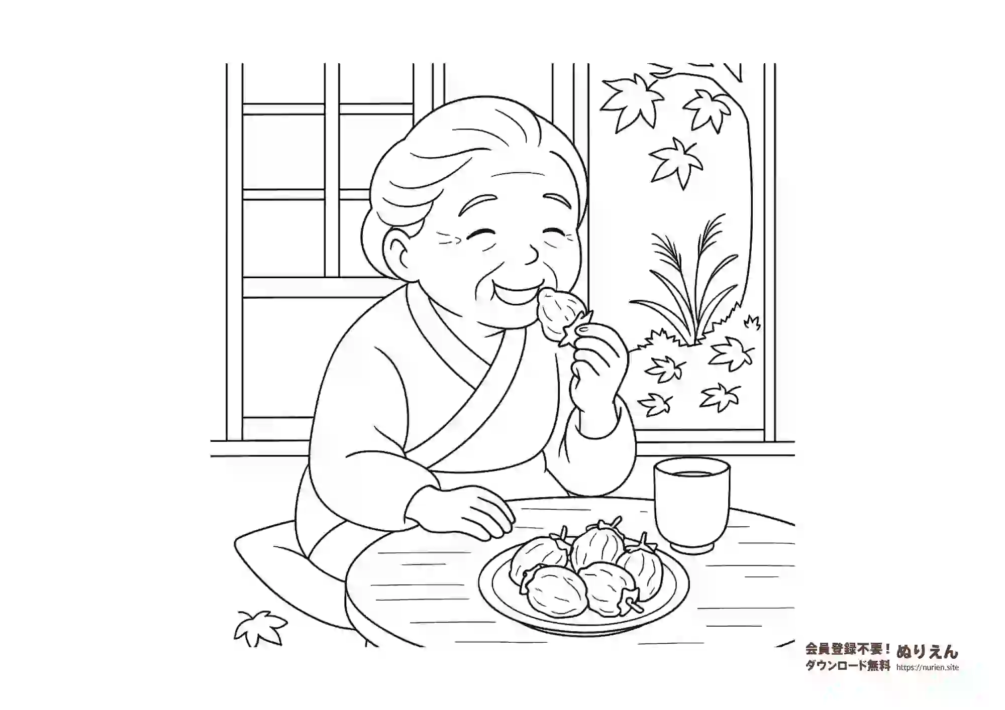 干し柿を食べるおばあちゃんのぬりえ｜秋を感じる高齢者向け無料塗り絵