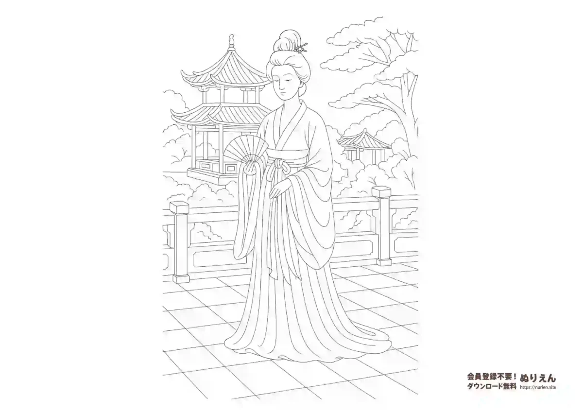 古代中国の衣装を着た女性のぬりえ