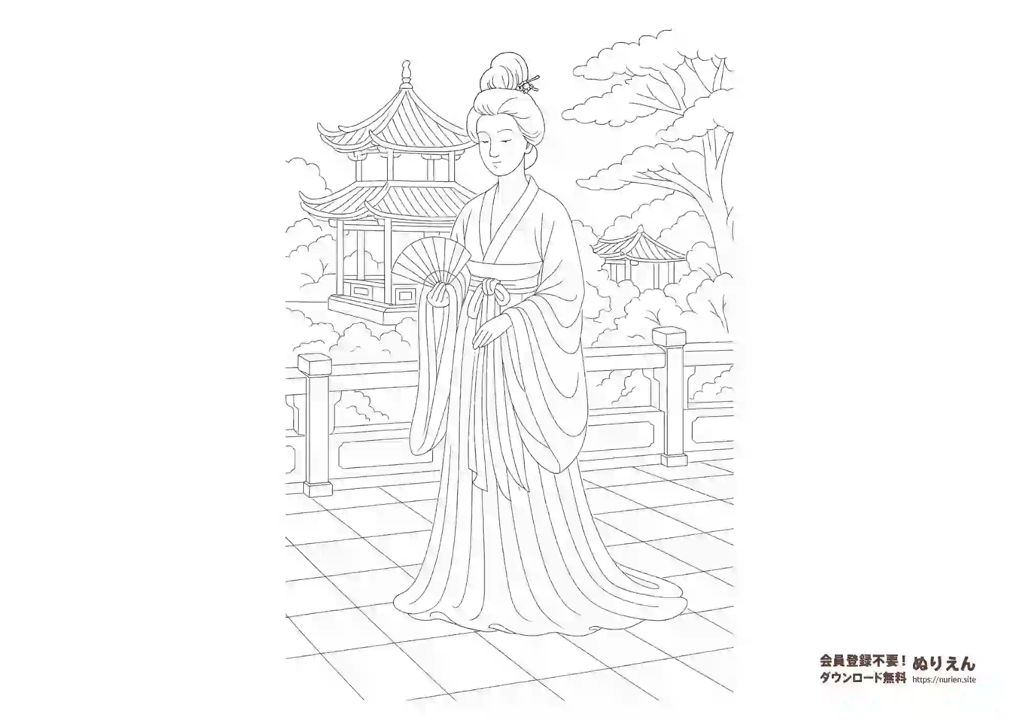 古代中国の衣装を着た女性のぬりえ