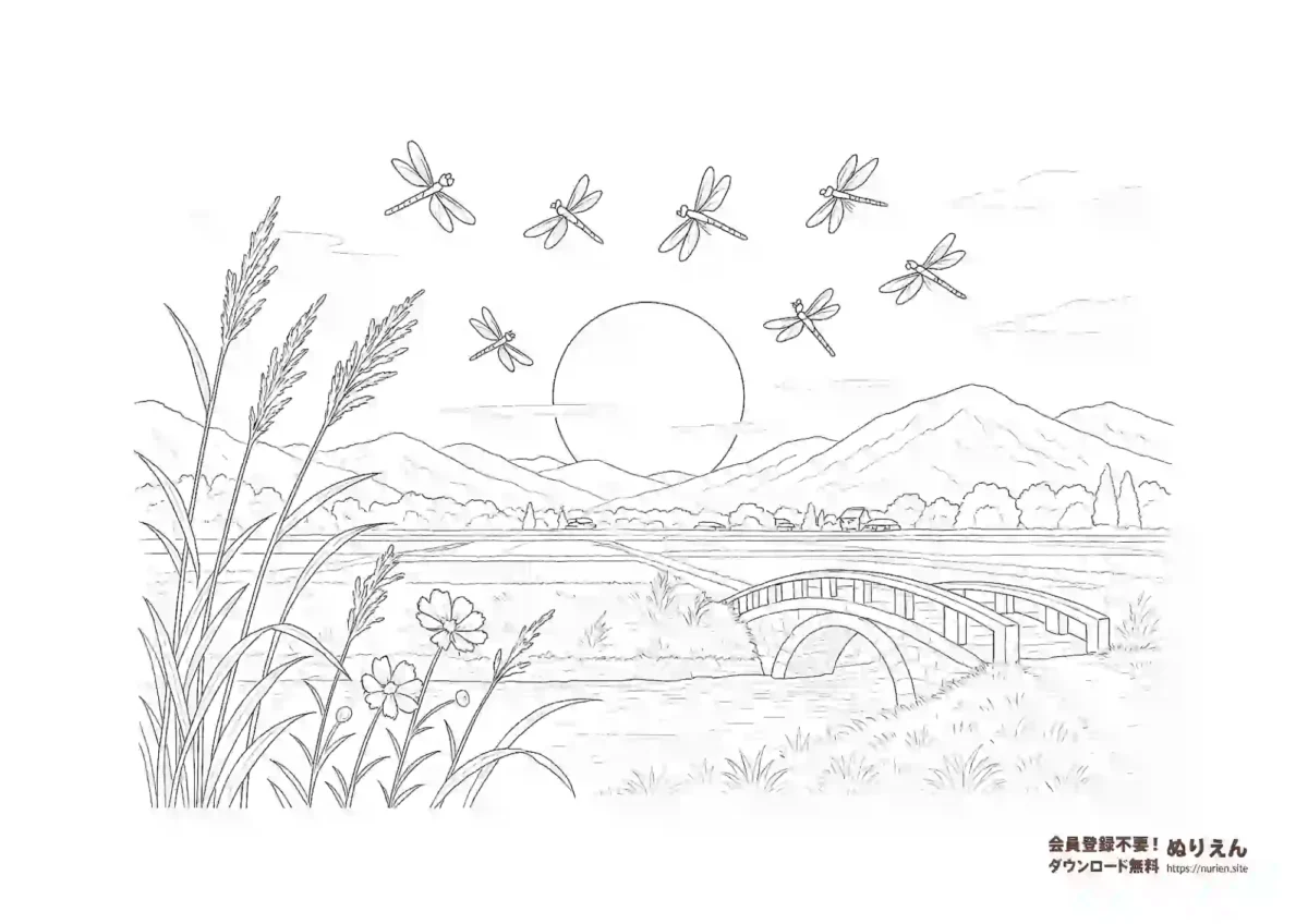 秋の田園風景と赤とんぼが飛ぶ情景を描いた美しいぬりえ