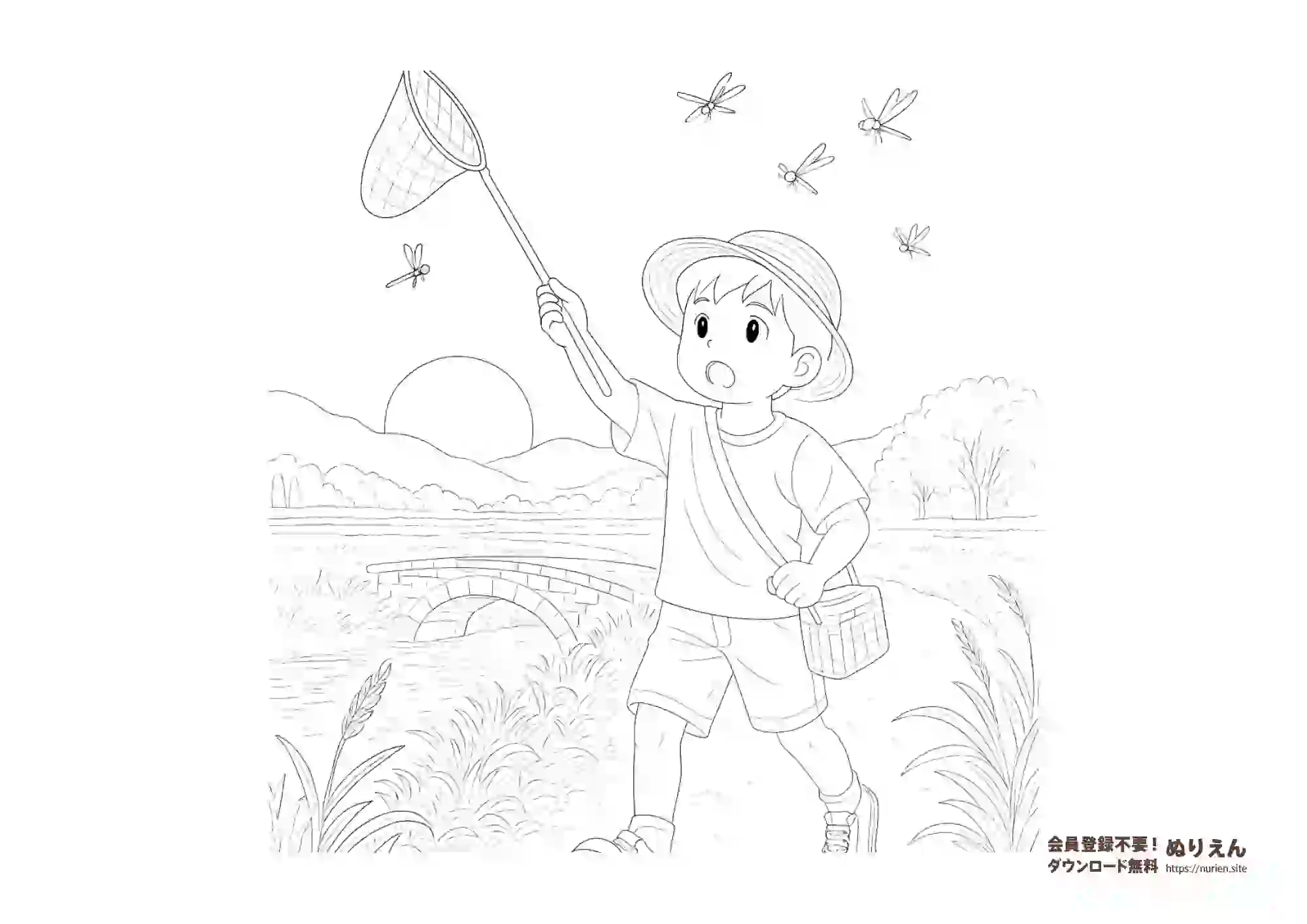 虫取り網で赤とんぼを追いかける男の子のぬりえ