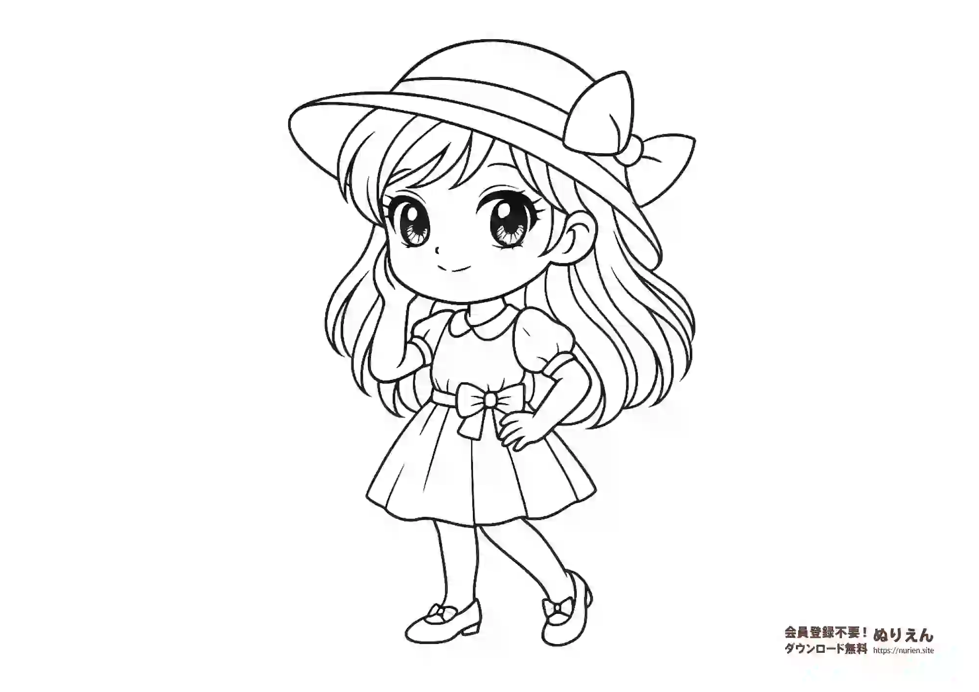 帽子とリボンをつけたおしゃれな女の子のぬりえ