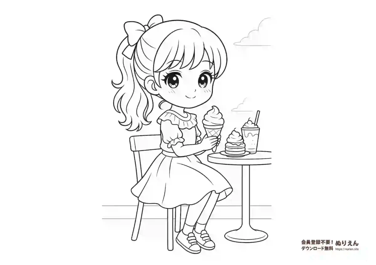 カフェでアイスを食べるかわいい女の子のぬりえ