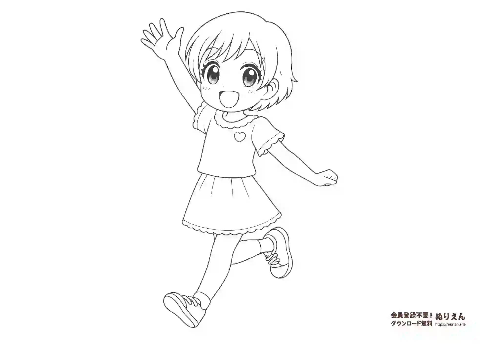 元気に手を振るショートヘアの女の子のぬりえ