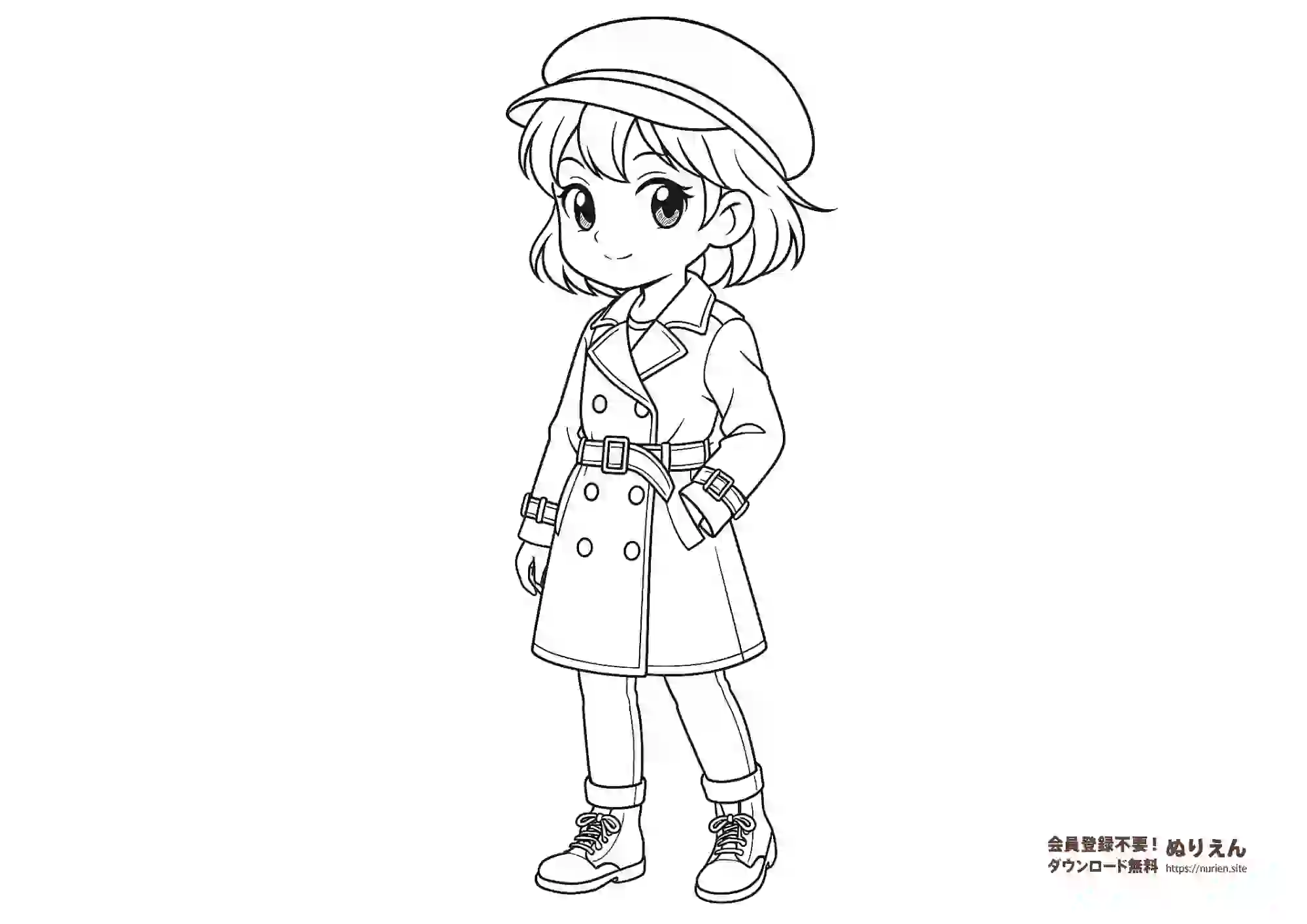 トレンチコートを着たおしゃれな女の子のぬりえ