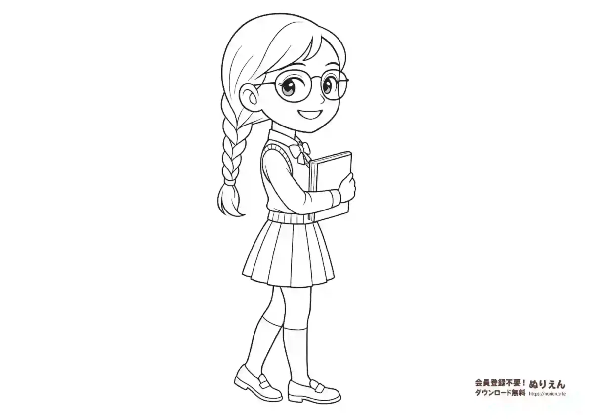 本を持ったメガネの学生風の女の子のぬりえ
