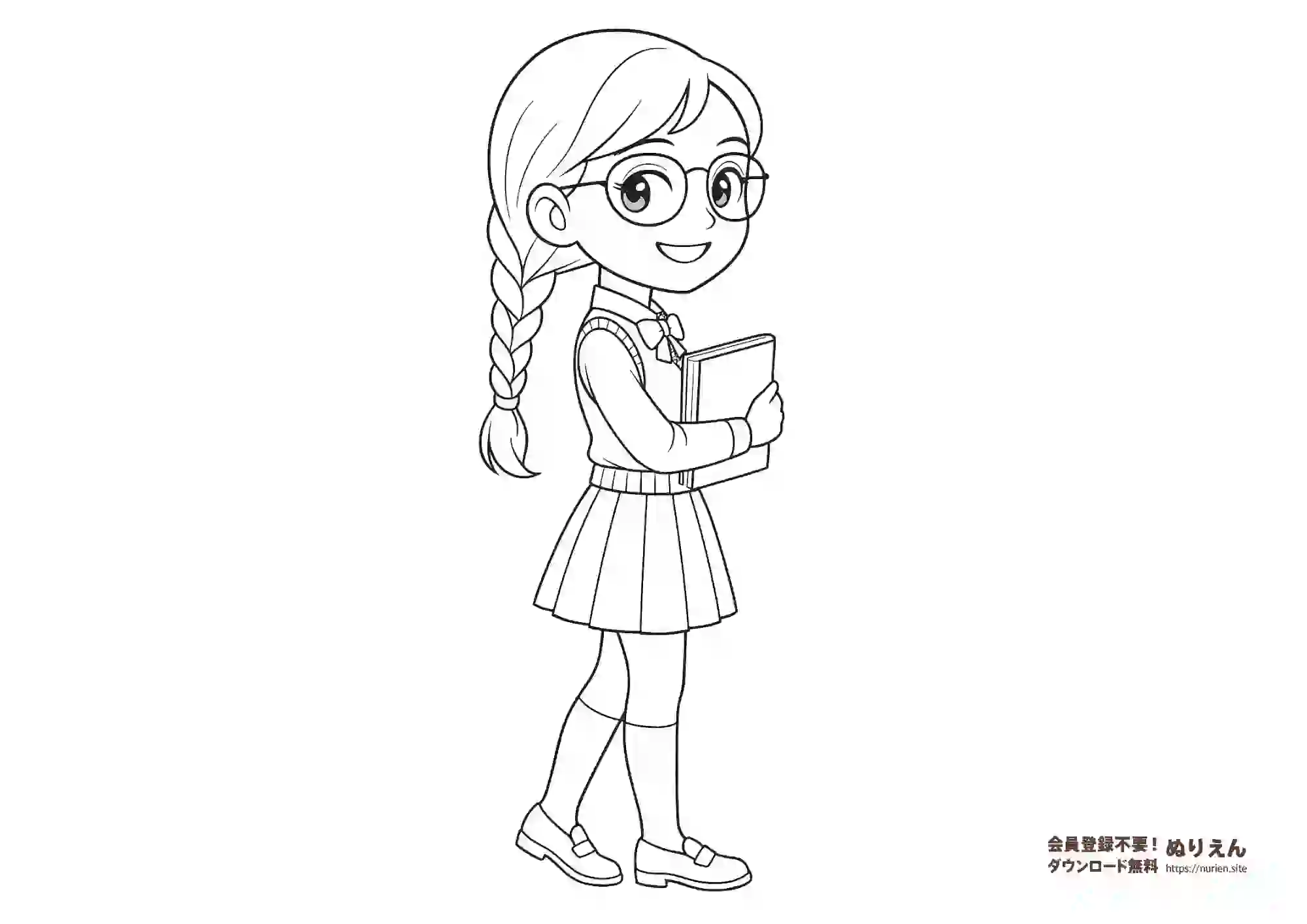 本を持ったメガネの学生風の女の子のぬりえ