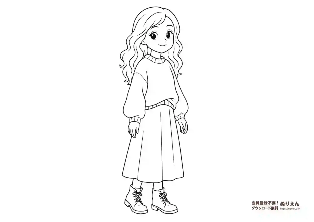 セーターとロングスカートを着たおしゃれな女の子のぬりえ