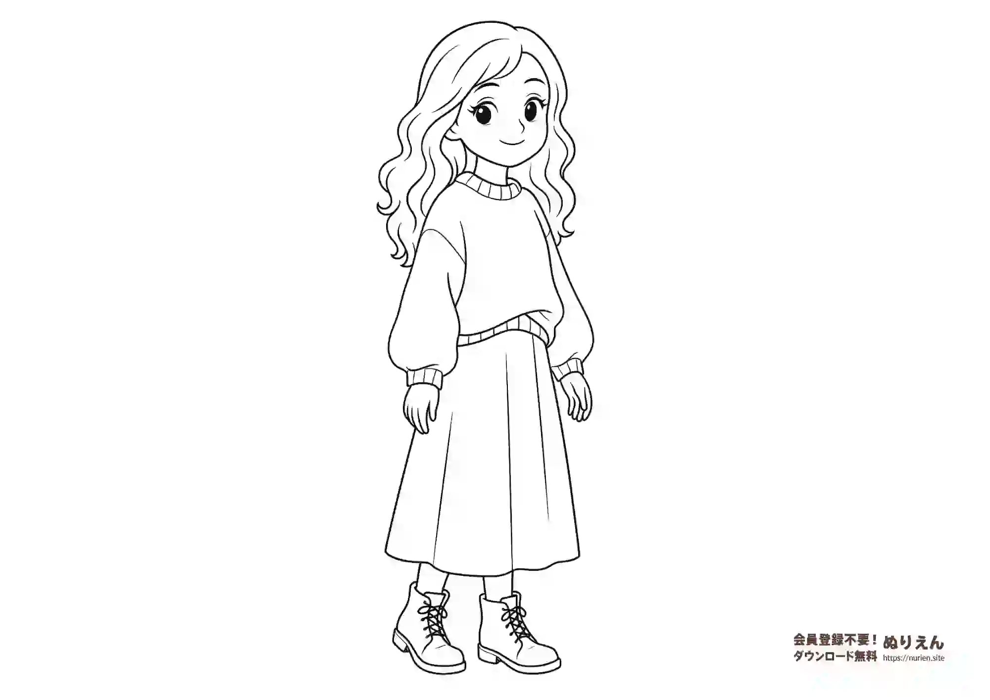 セーターとロングスカートを着たおしゃれな女の子のぬりえ