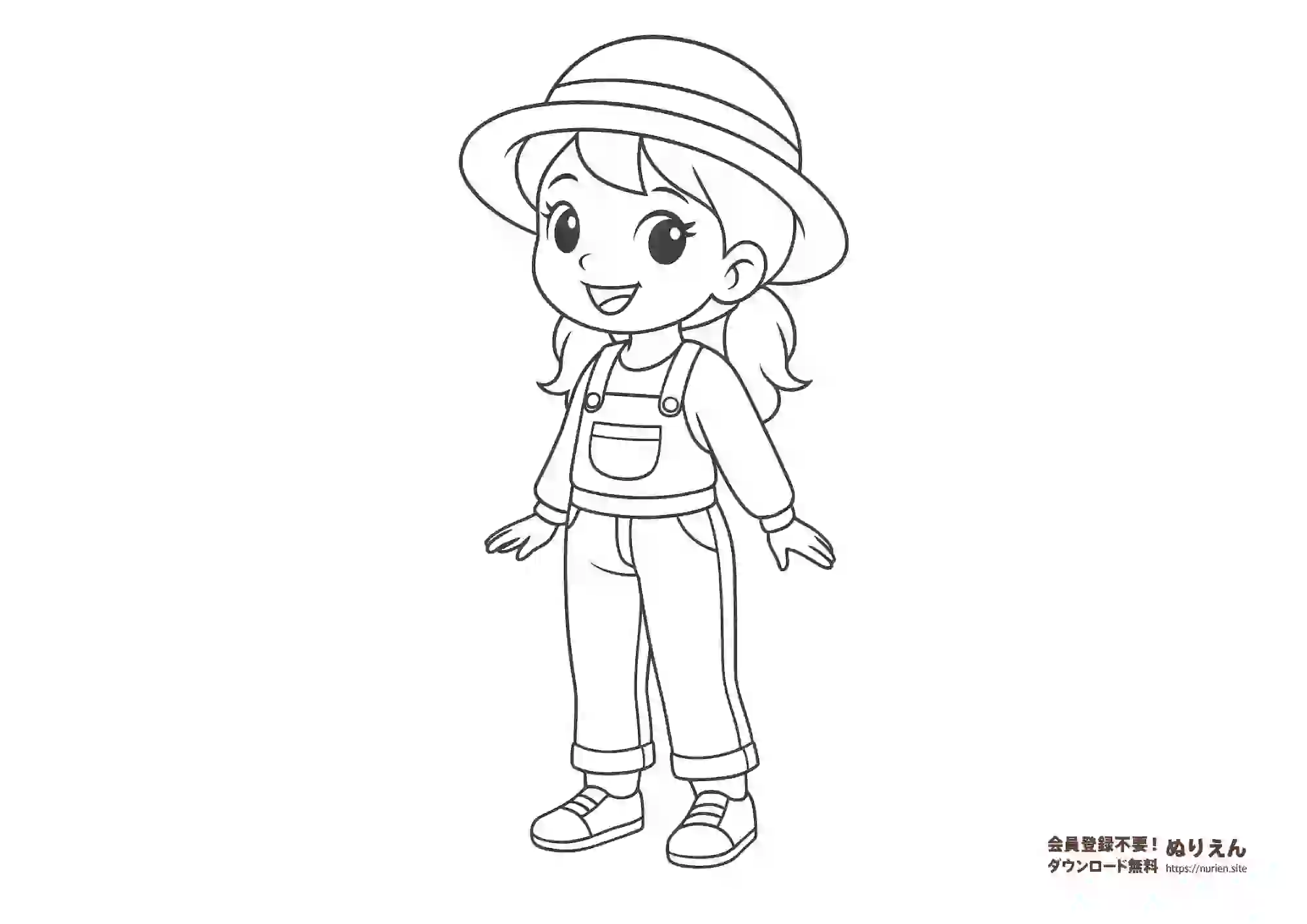帽子とオーバーオールを着た元気な女の子のぬりえ