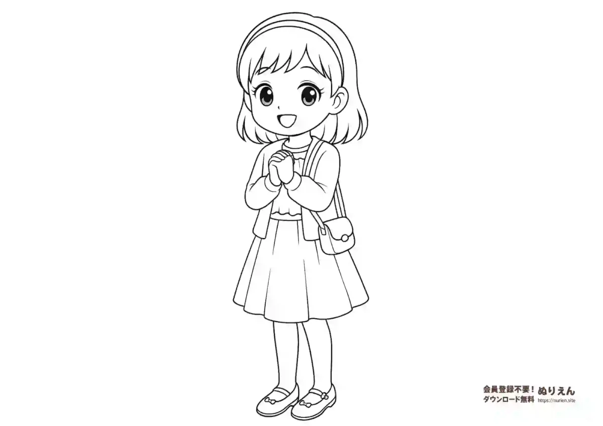 ワンピースとカーディガンを着たかわいい女の子のぬりえ