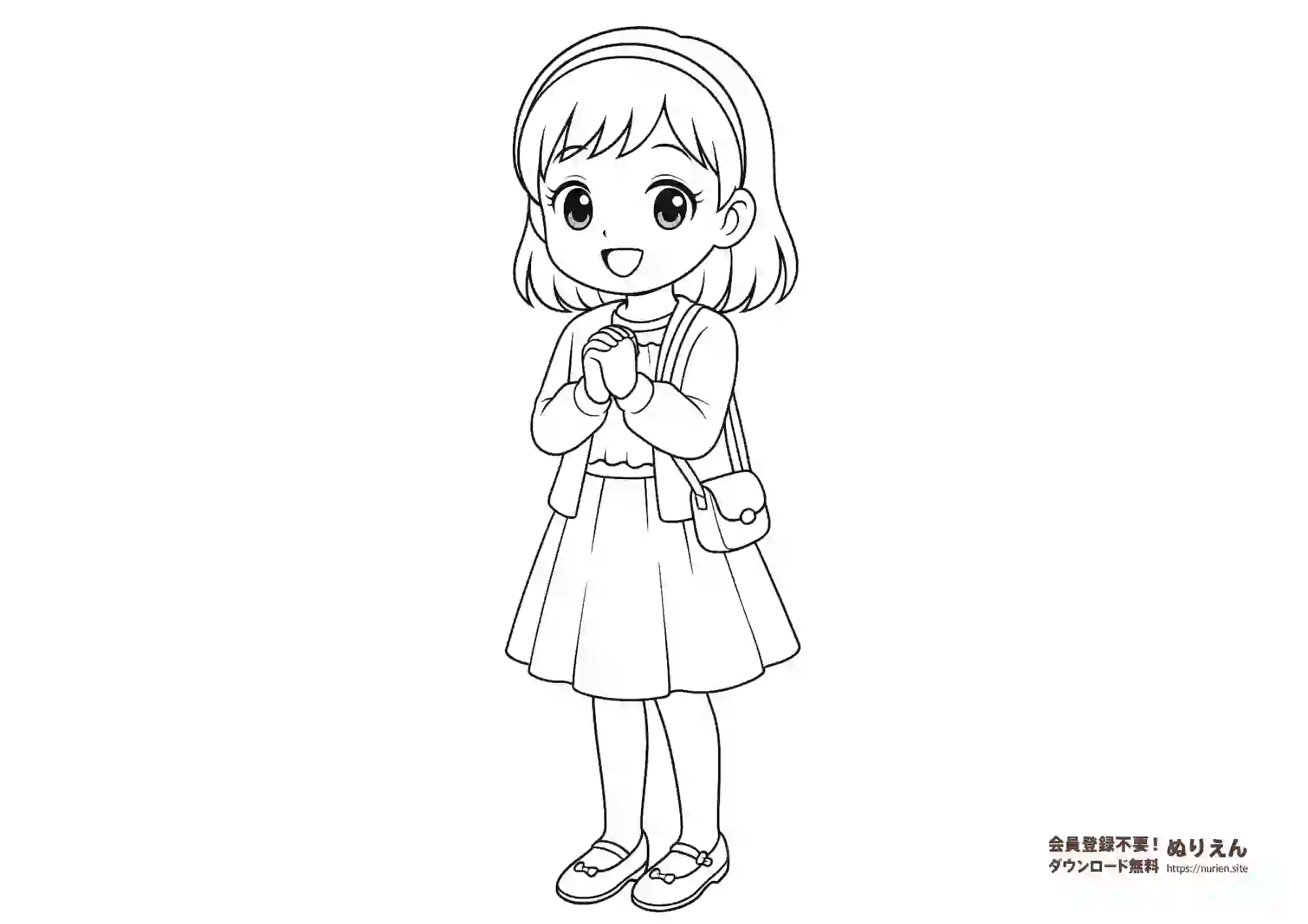 ワンピースとカーディガンを着たかわいい女の子のぬりえ