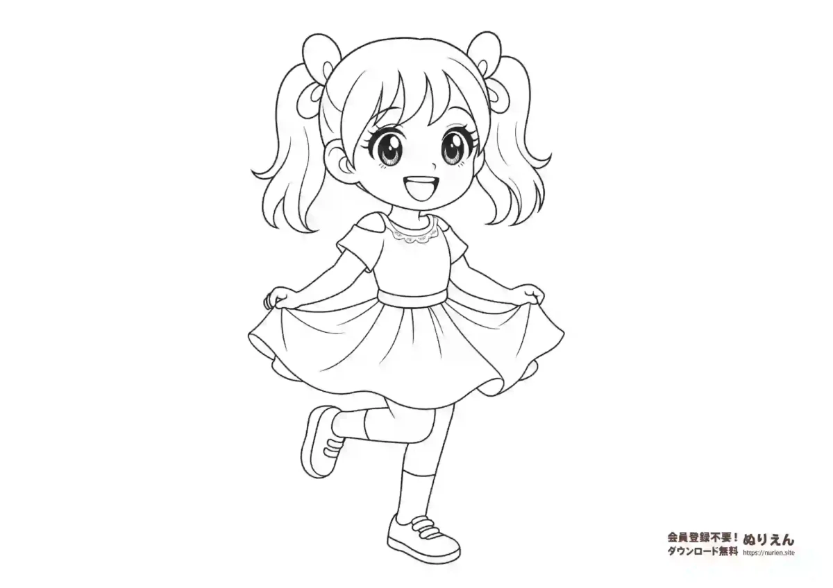ツインテールでワンピースを着たかわいい女の子のぬりえ