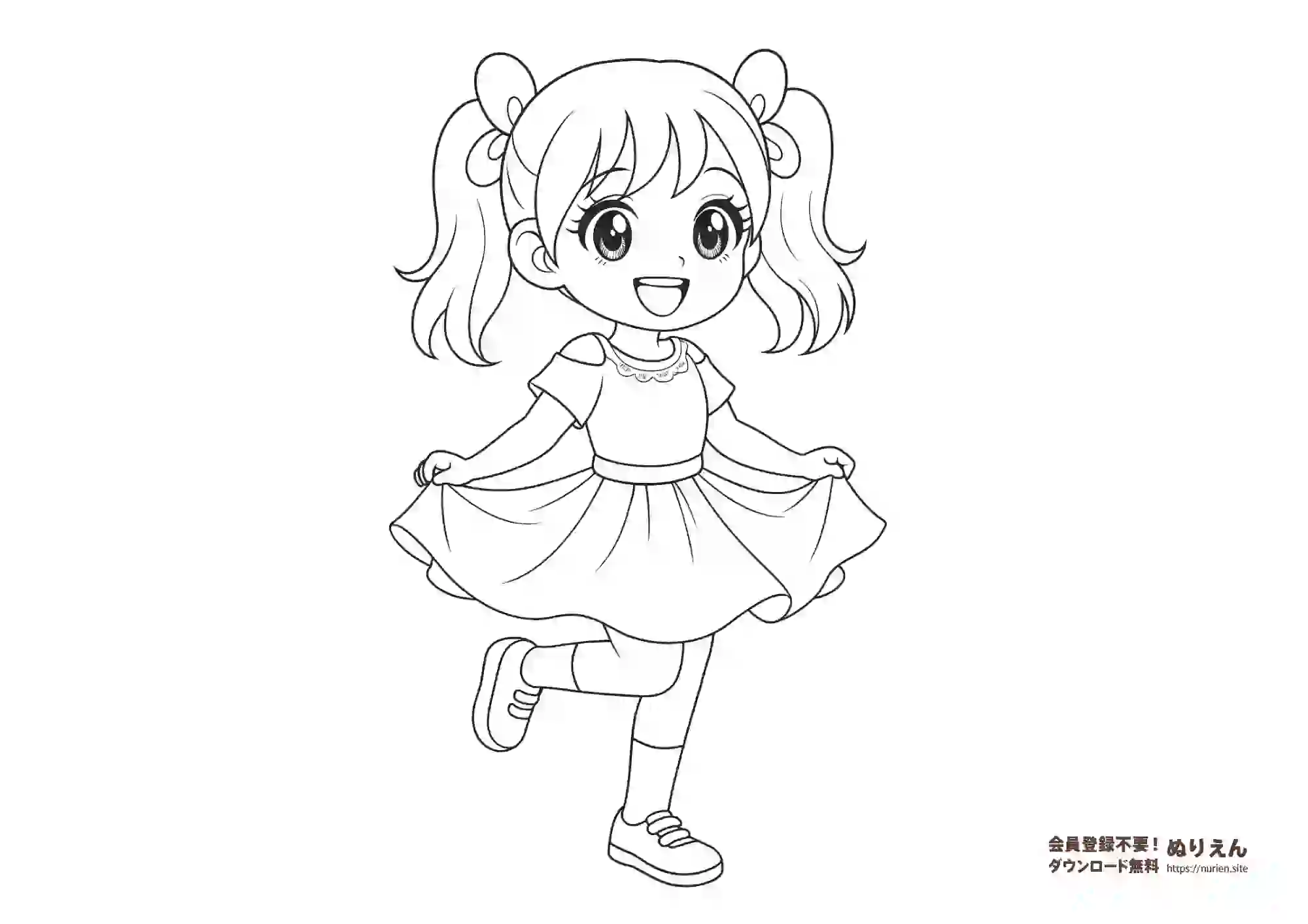 ツインテールでワンピースを着たかわいい女の子のぬりえ
