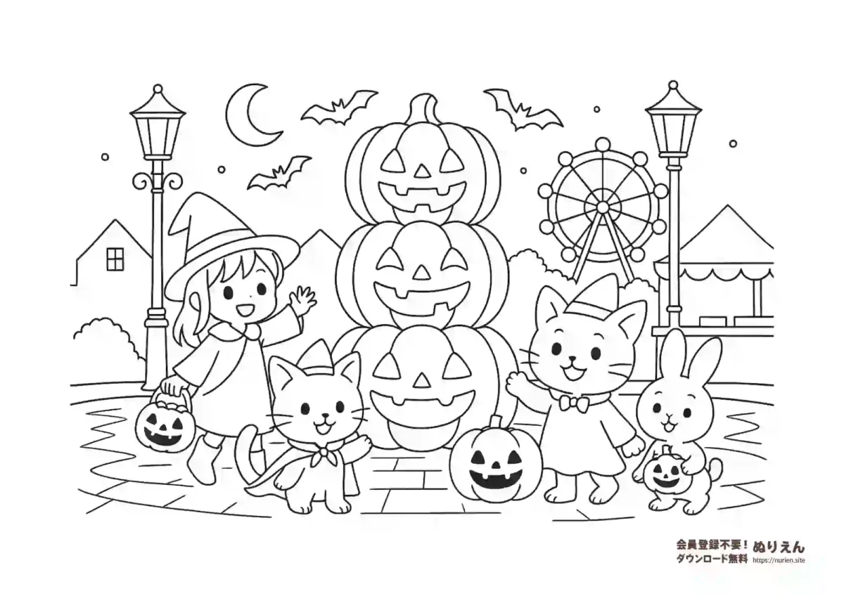 ハロウィンのかぼちゃタワーと子どもたちのかわいいぬりえ