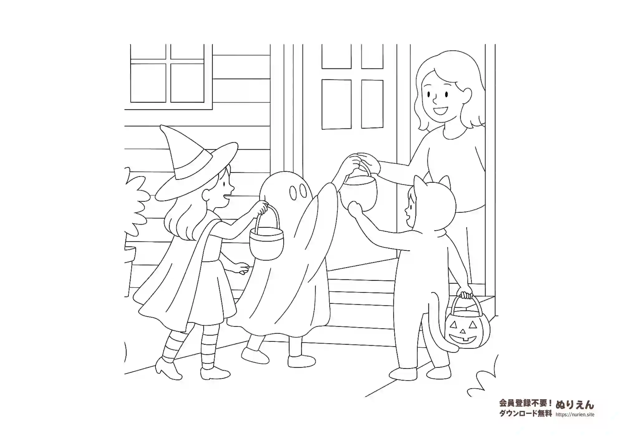 ハロウィンで子どもたちがトリックオアトリートをしているぬりえ