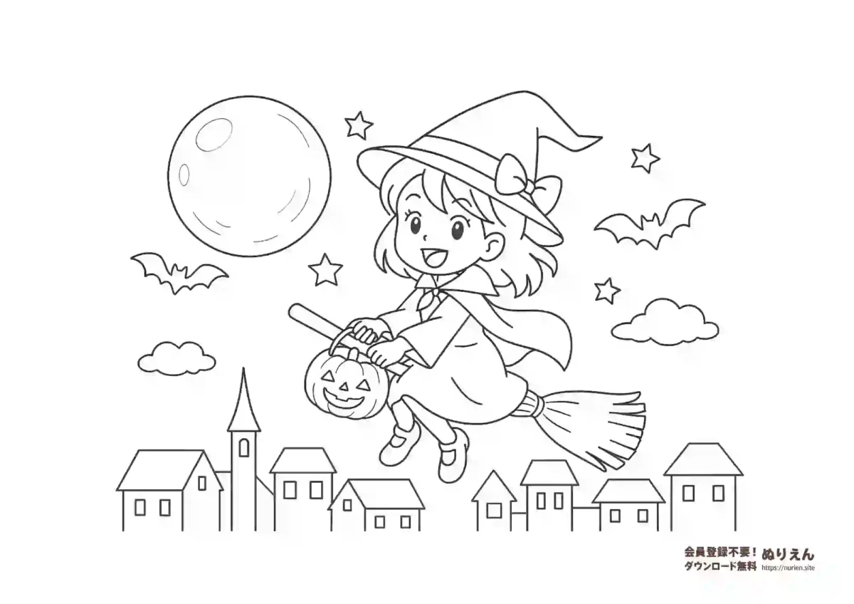 ホウキに乗った魔女の女の子のハロウィンぬりえ