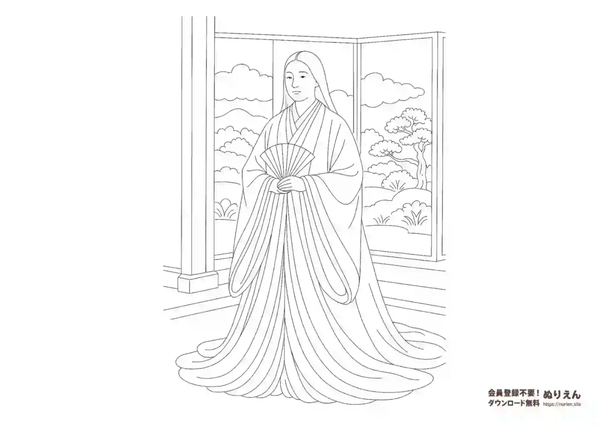 平安時代の十二単を着た女性のぬりえ