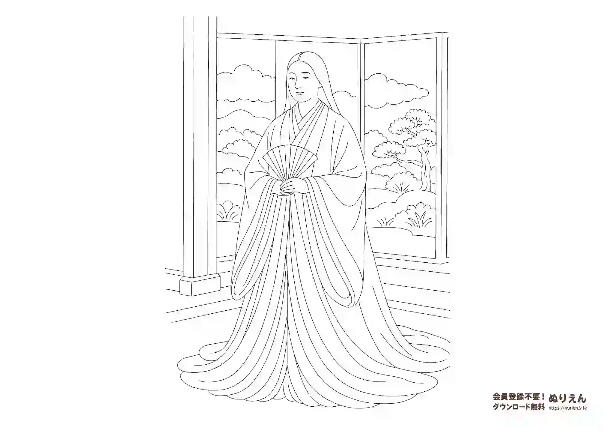 平安時代の十二単を着た女性のぬりえ