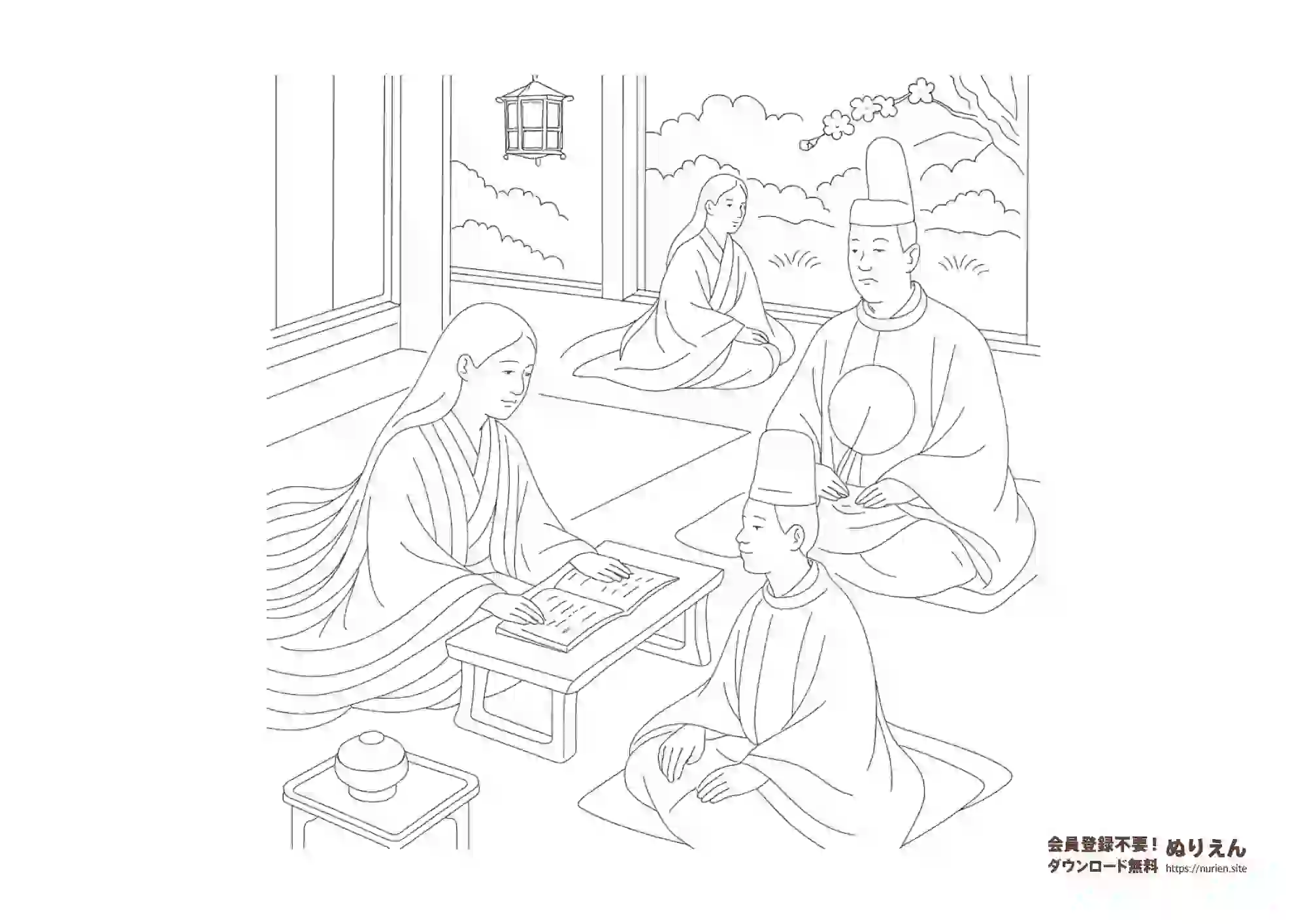 平安時代の人物と和歌の場面を描いたぬりえ