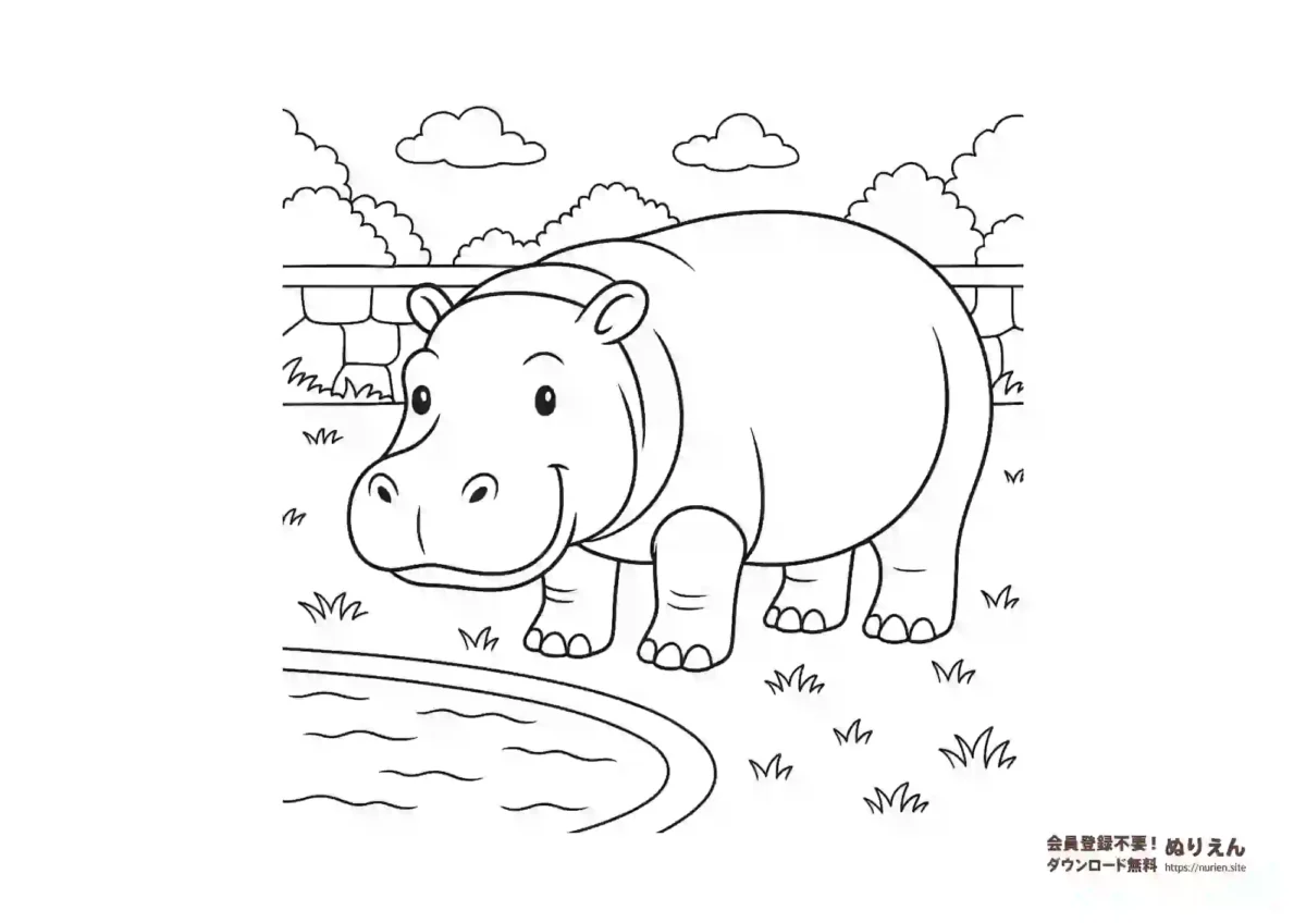 カバのぬりえ｜子ども向け無料動物ぬりえ