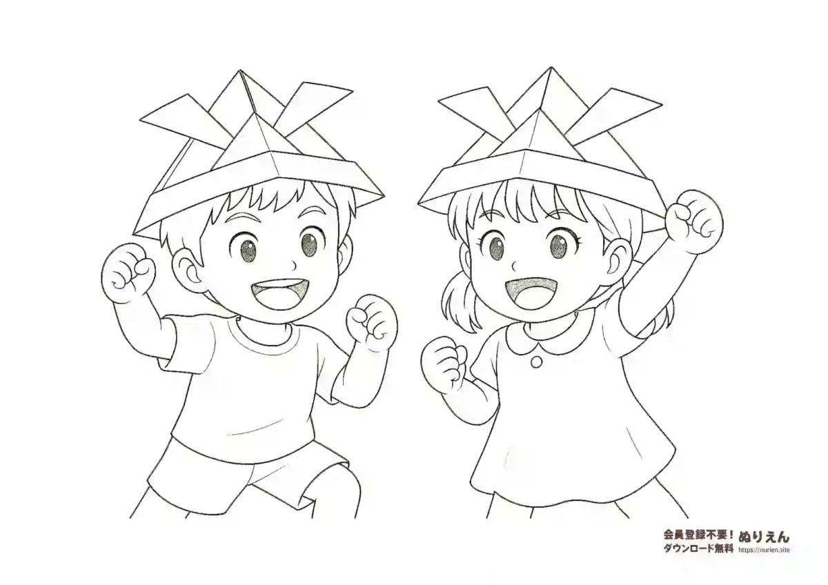 兜をかぶった男の子と女の子の元気なぬりえ