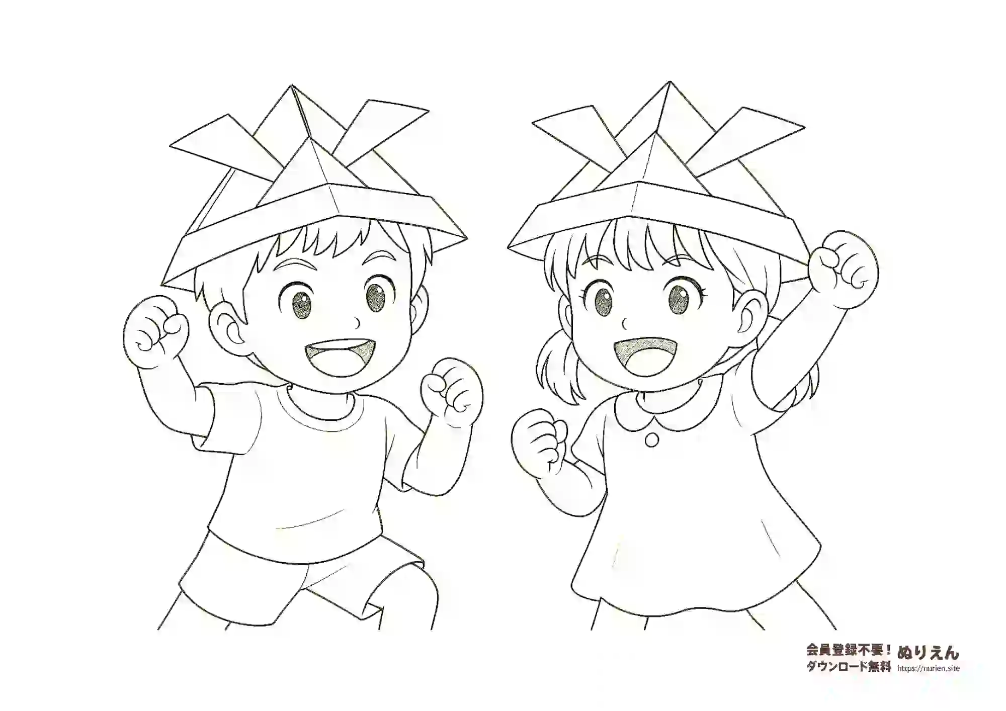 兜をかぶった男の子と女の子の元気なぬりえ