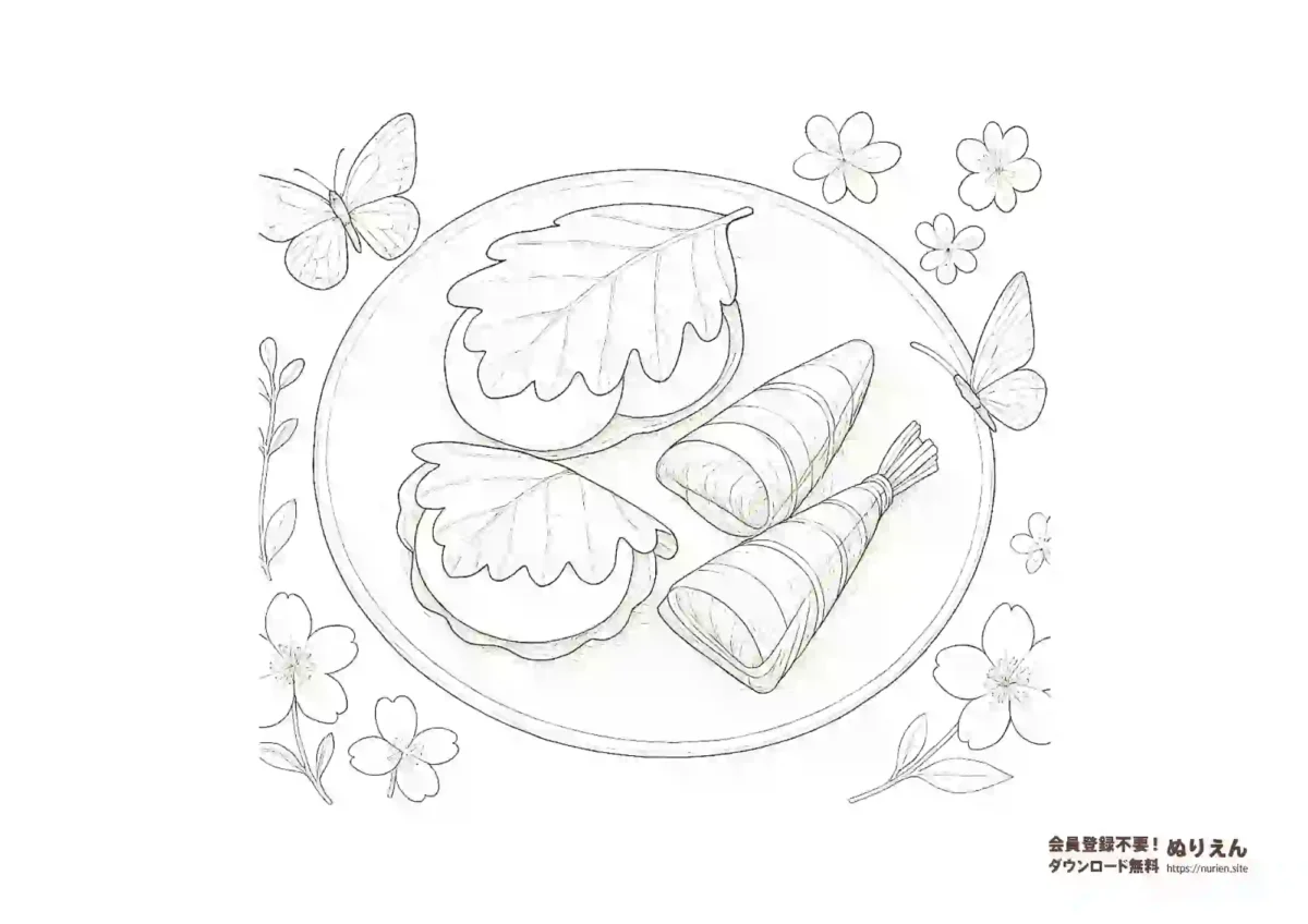 柏餅とちまきのこどもの日ぬりえ