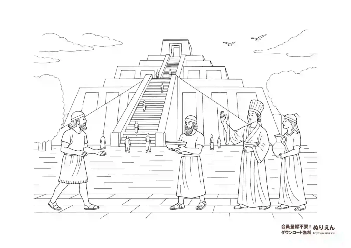 古代メソポタミアのジッグラトを描いた歴史的建築ぬりえ