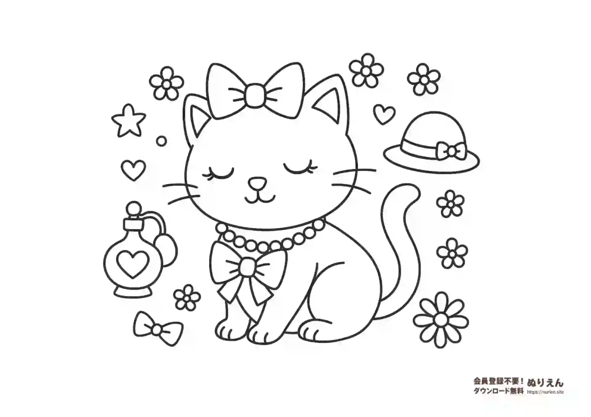 リボンとアクセサリーをつけたおしゃれネコのぬりえ