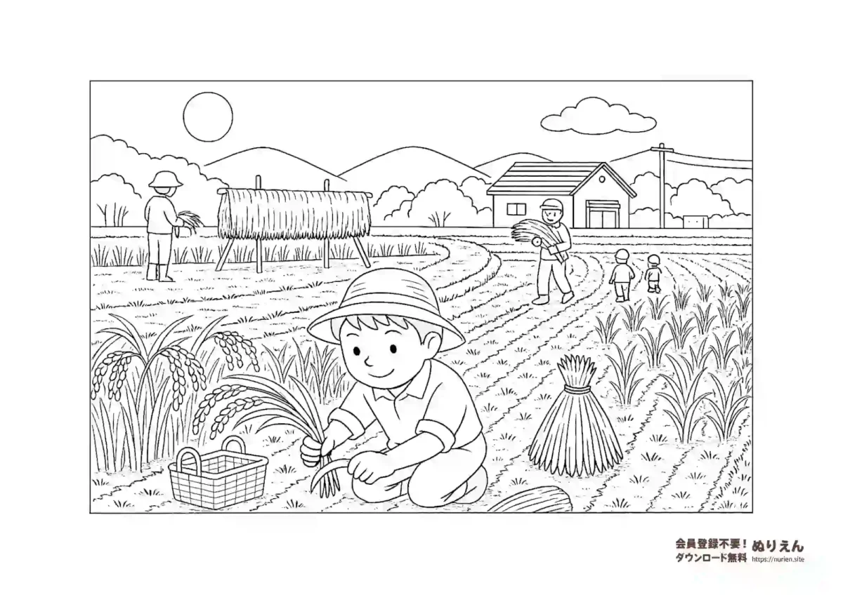稲刈りの風景ぬりえ｜秋の田んぼと収穫を描いた無料塗り絵
