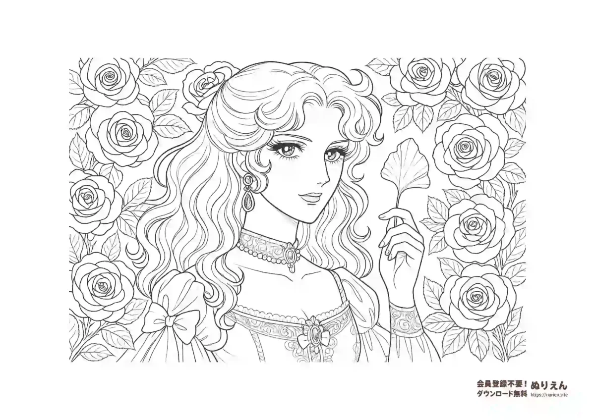 豪華なドレスをまとった女性と咲き誇るバラの塗り絵｜クラシカルで華やかなヨーロッパ風デザイン