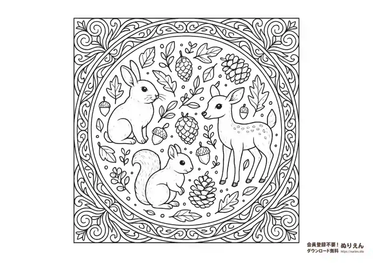 曼荼羅風の森の動物と木の実のぬりえ（ウサギ・リス・シカ・ドングリ・松ぼっくり）