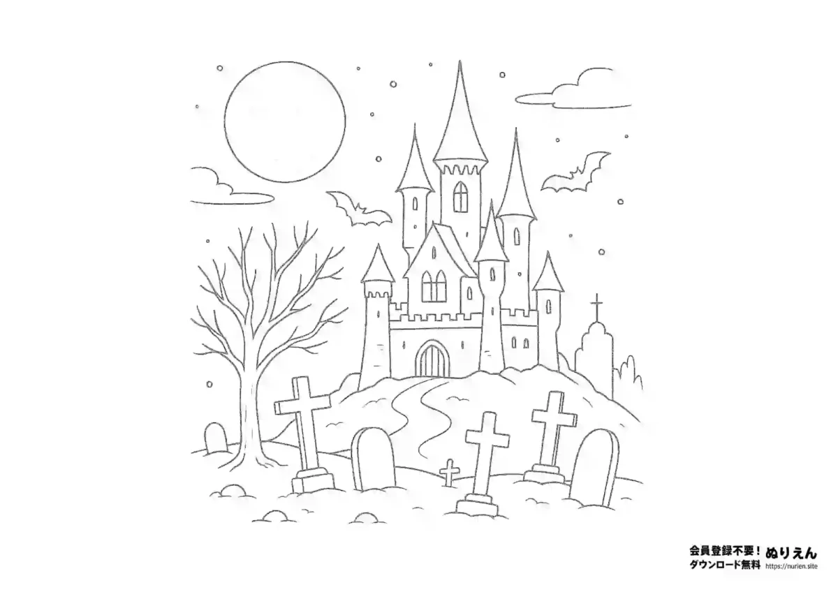 満月の夜に立つお城と墓地のハロウィンぬりえ｜コウモリが飛ぶ幻想的な夜の線画イラスト