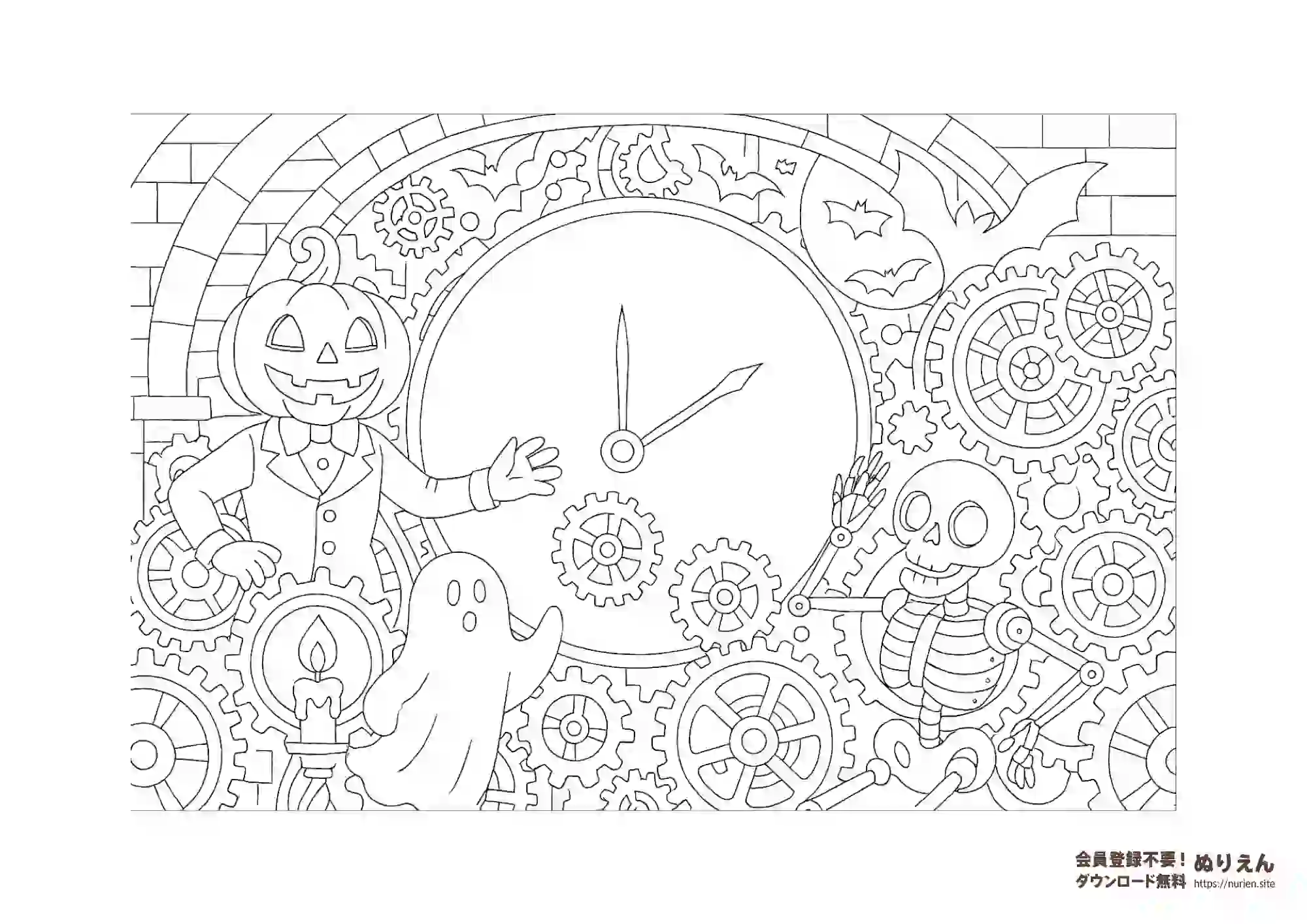 時計仕掛けのハロウィンぬりえ｜ジャックオーランタンと骸骨・おばけが登場する歯車の線画イラスト