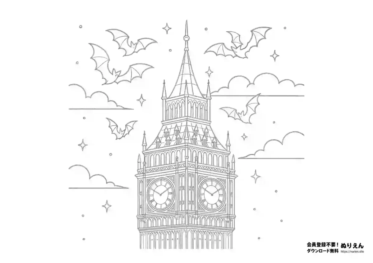 時計塔とコウモリが飛ぶハロウィンぬりえ｜夜空に輝く幻想的な線画イラスト