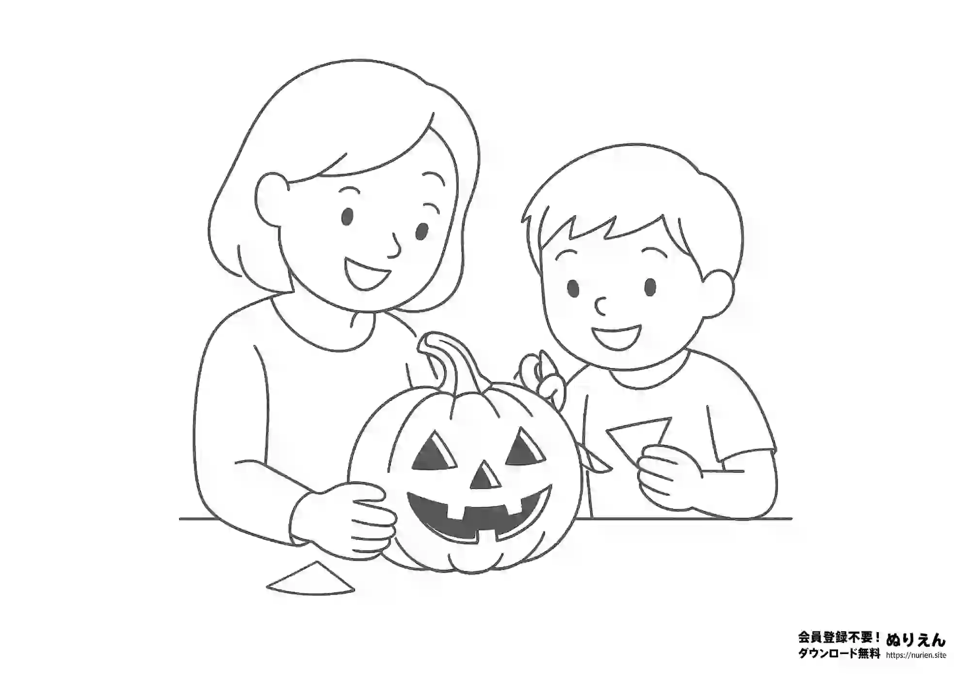 親子でジャックオーランタンを作るハロウィンぬりえ｜かぼちゃをくり抜いて笑顔の親子が楽しむ線画イラスト