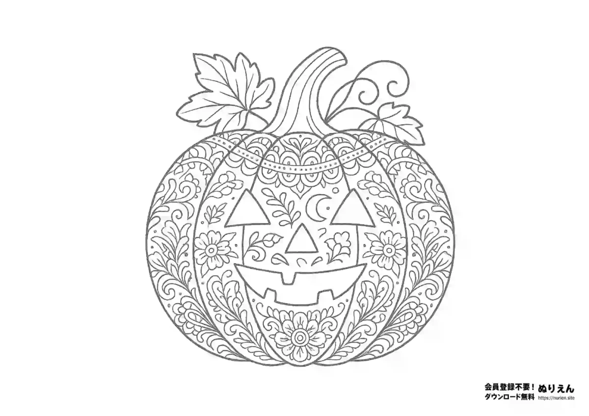 花模様のカボチャを描いたハロウィンぬりえ｜繊細で大人向けのジャックオーランタン線画
