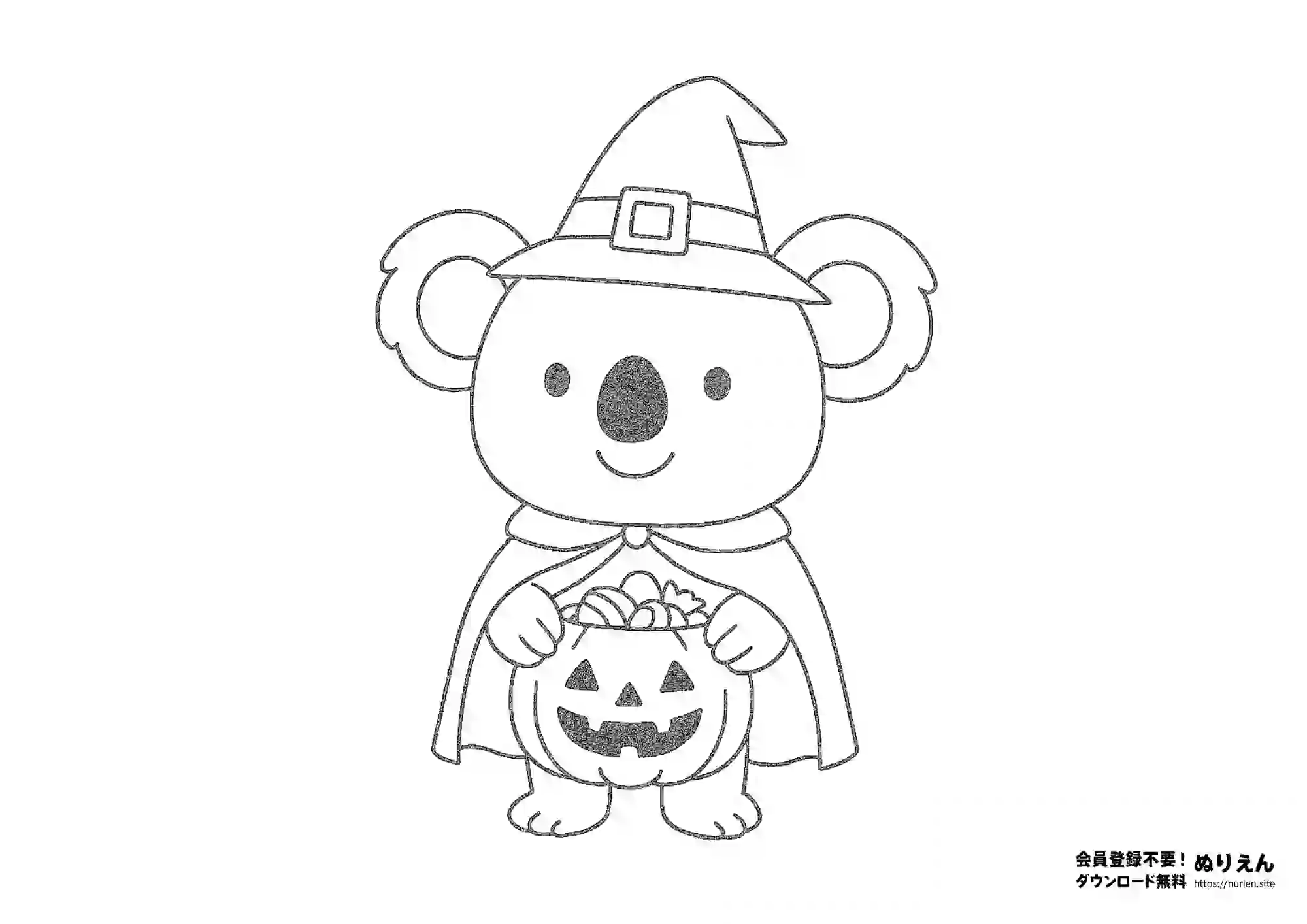 魔女の帽子をかぶったコアラのハロウィンぬりえ｜キャンディ入りパンプキンバケツを持つかわいい線画イラスト