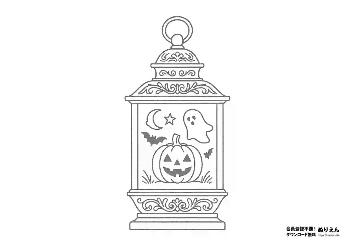 ランタンの中にカボチャとおばけが描かれたハロウィンぬりえ｜幻想的で大人向けの線画