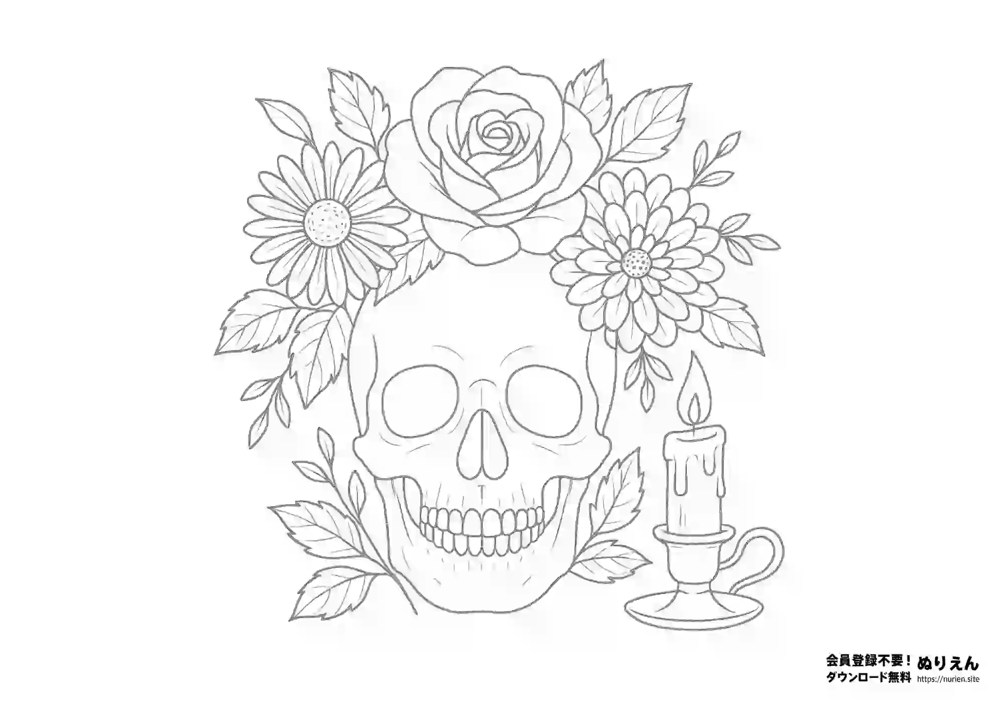 薔薇とドクロのハロウィンぬりえ｜クラシカルで大人向けの線画デザイン