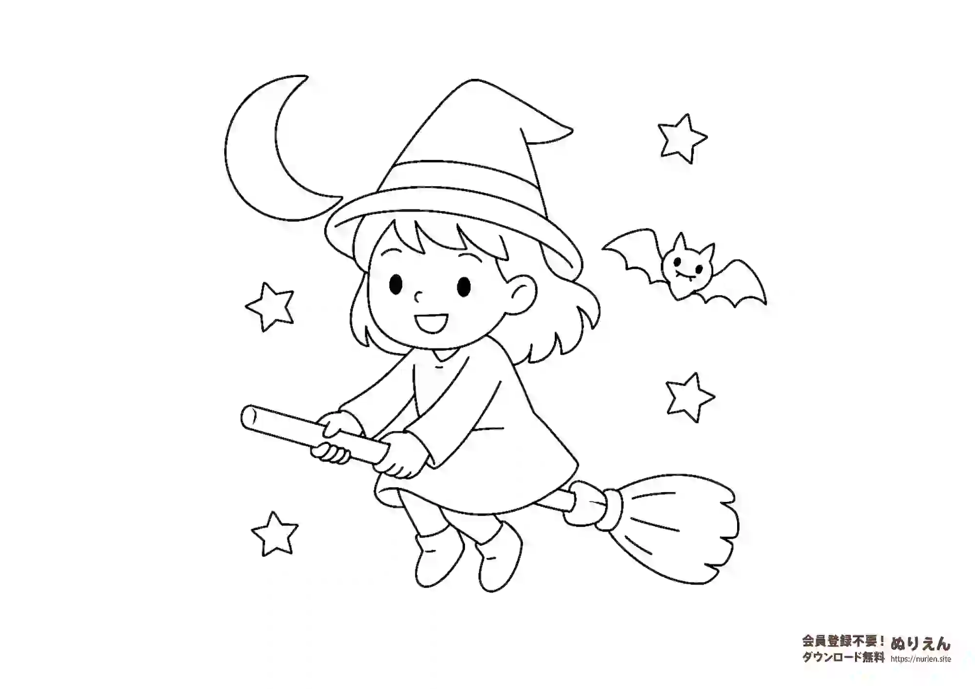 ほうきに乗った魔女の女の子のぬりえ｜月夜を飛ぶかわいいハロウィンの線画イラスト
