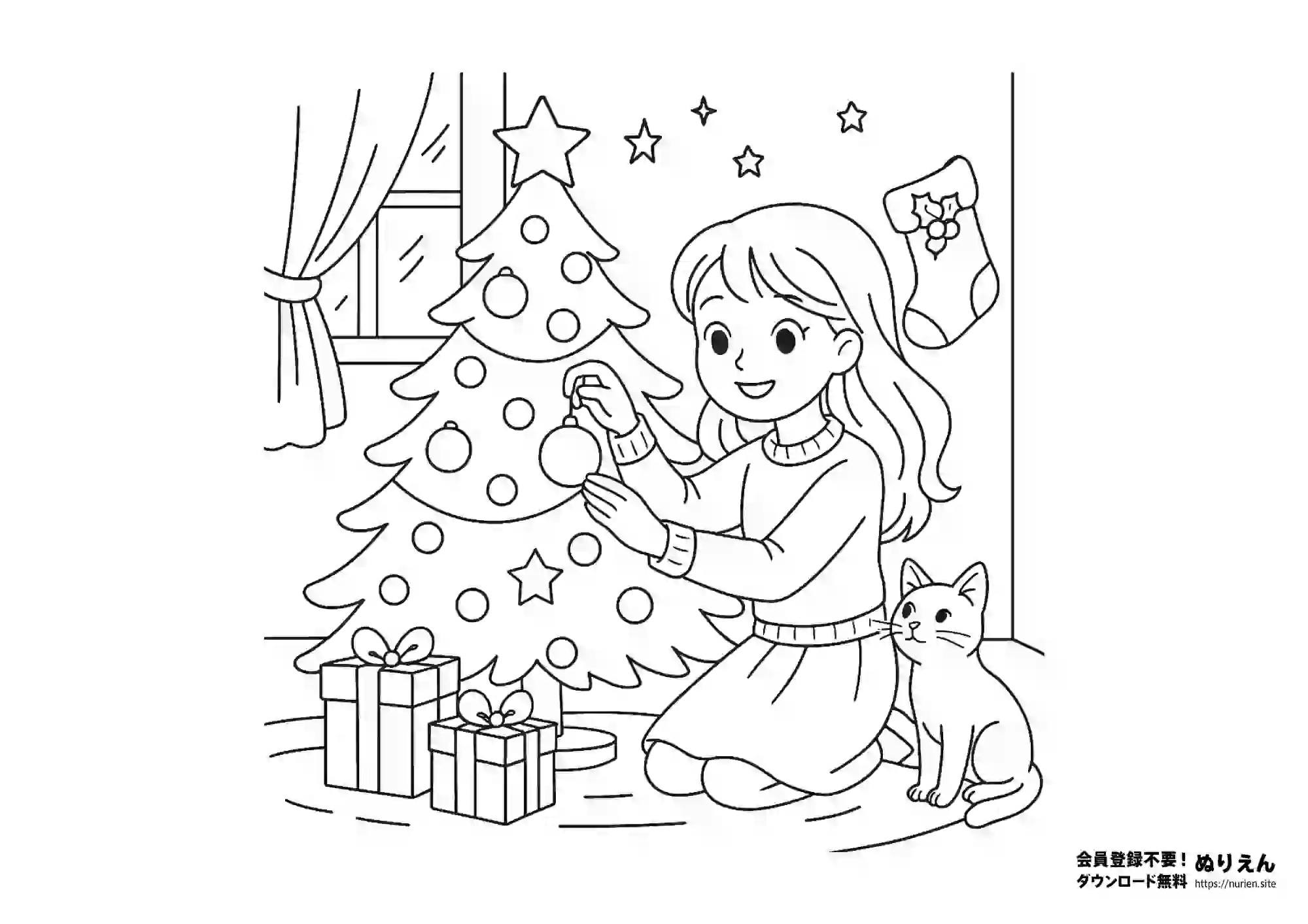 クリスマスツリーを飾る女の子と猫のぬりえ｜プレゼントが並ぶかわいい冬の塗り絵