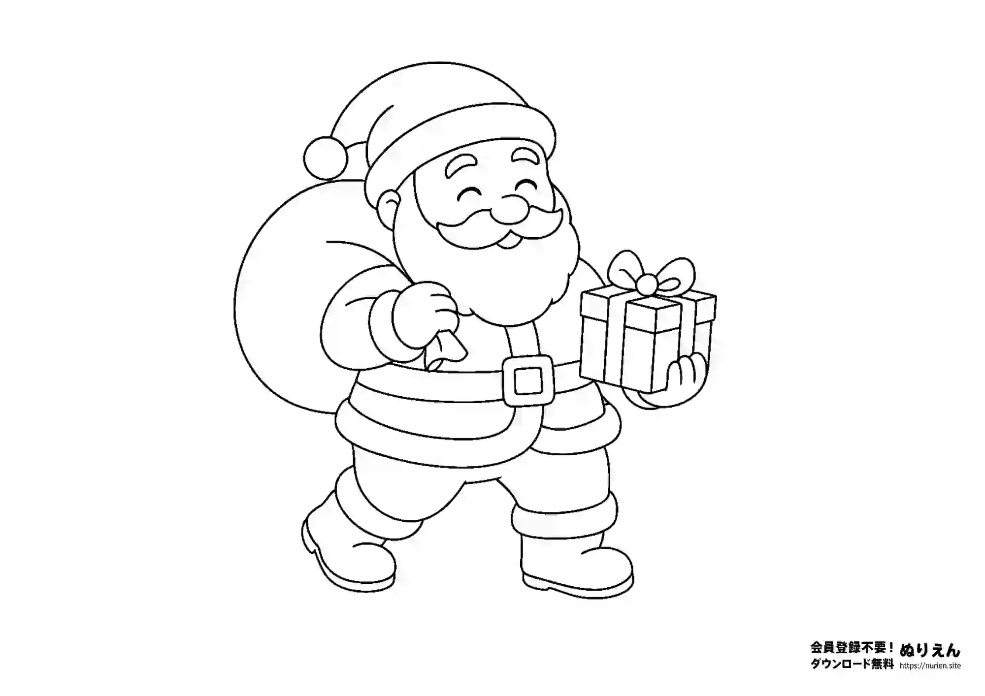 プレゼントを届けるサンタクロースのぬりえ|笑顔のサンタさんが贈り物を持つかわいいクリスマス塗り絵