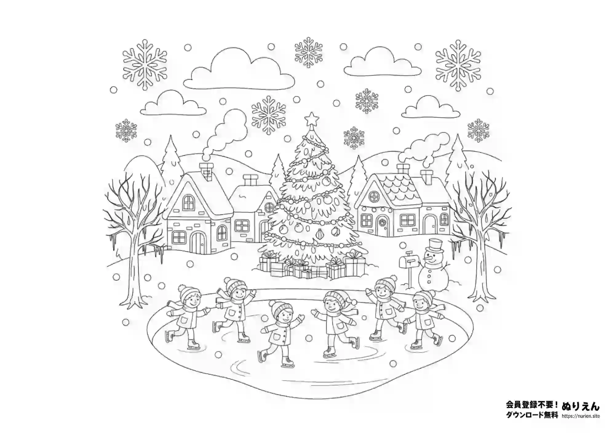 雪景色の街で子どもたちがスケートを楽しむ冬のぬりえ