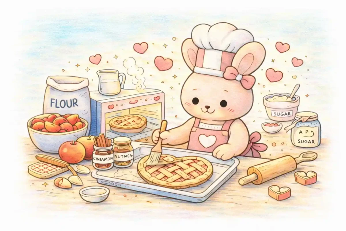 アップルパイを作るうさぎの子ども向けぬりえ