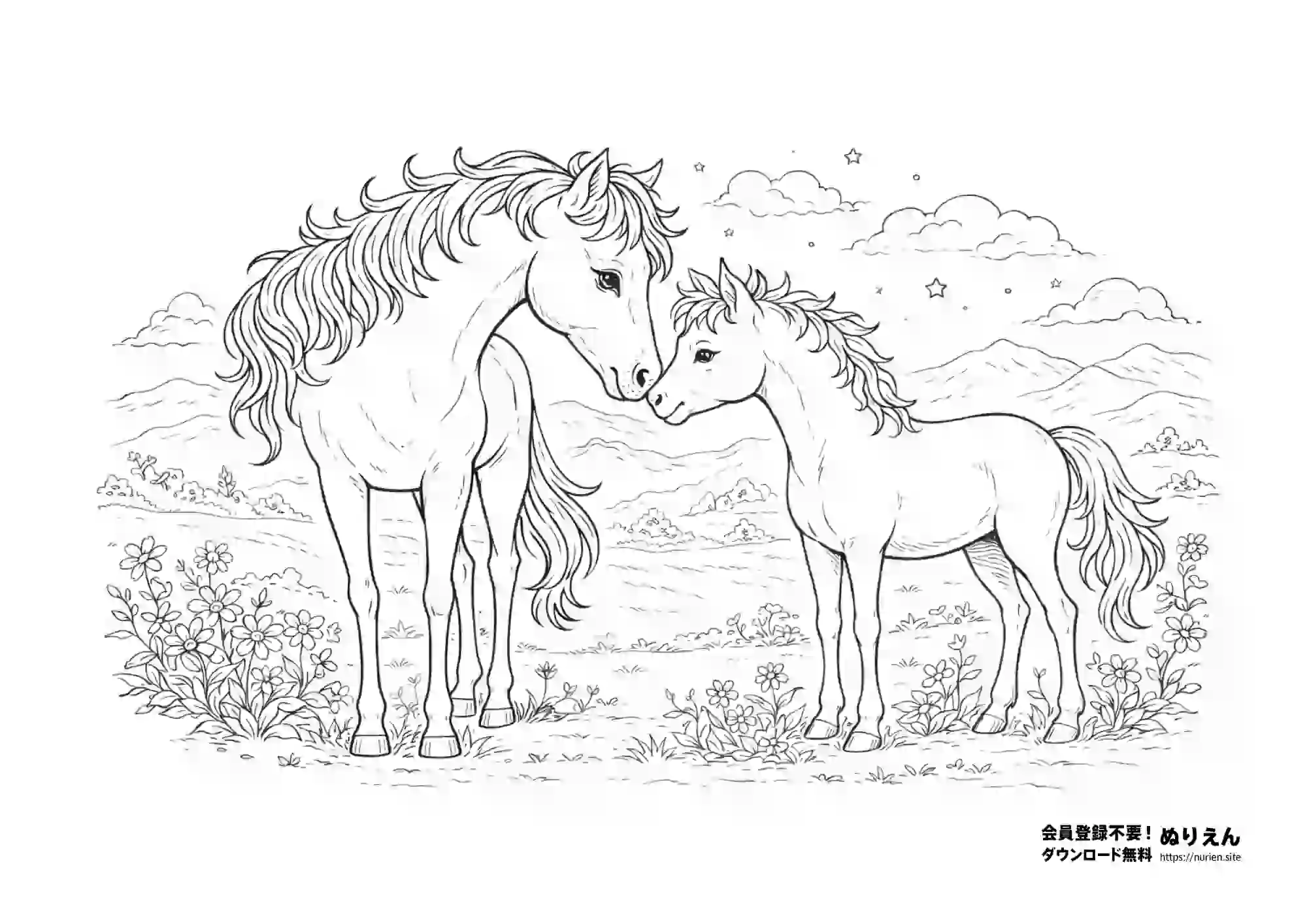 午年にぴったりな親子の馬を描いた癒し系ぬりえ