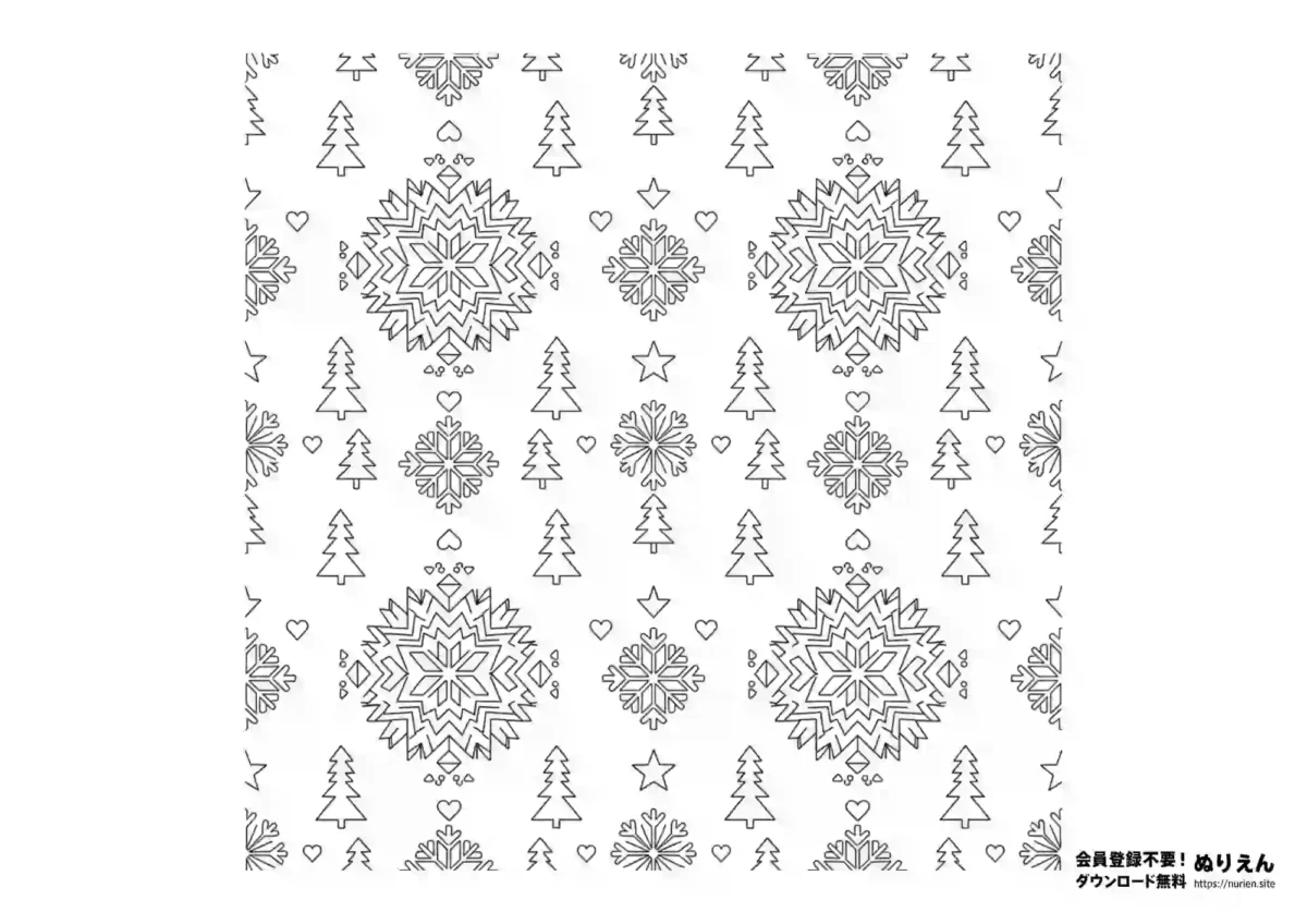 北欧風の雪の結晶とツリーが並ぶ冬モチーフのかわいいパターンぬりえ