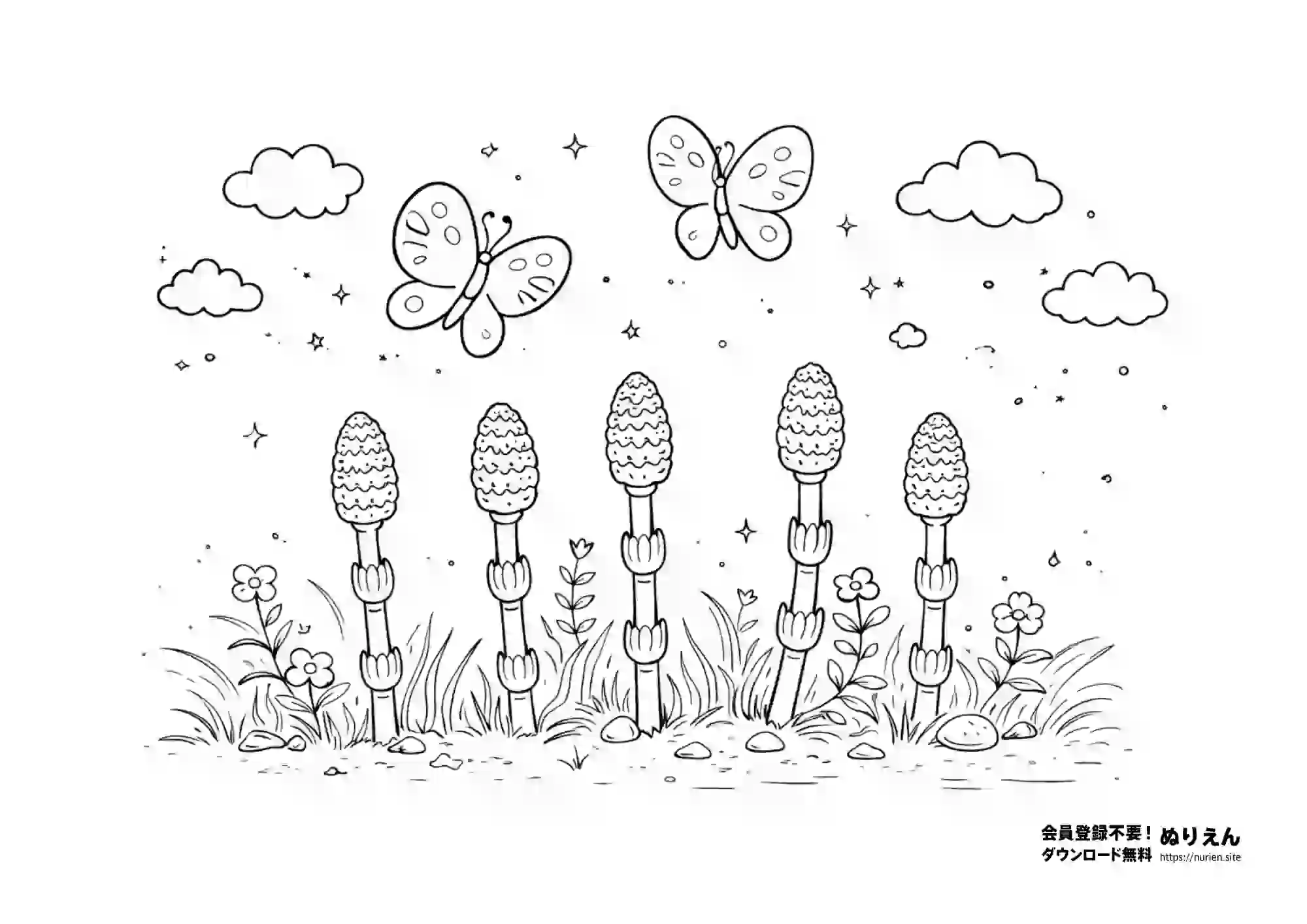 春のつくしとちょうちょのかわいい子ども向けぬりえ